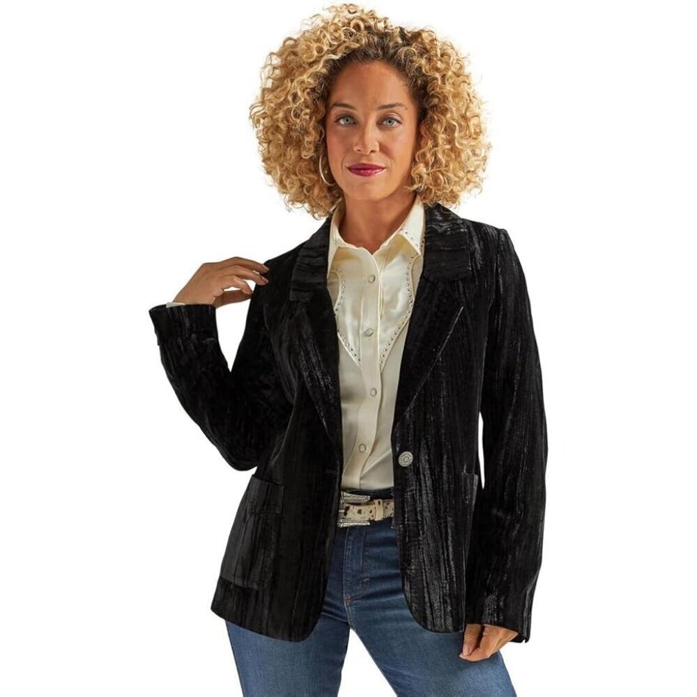 Wrangler Retro Women's Small Single Button Velvet Party Blazer Jacket - Black